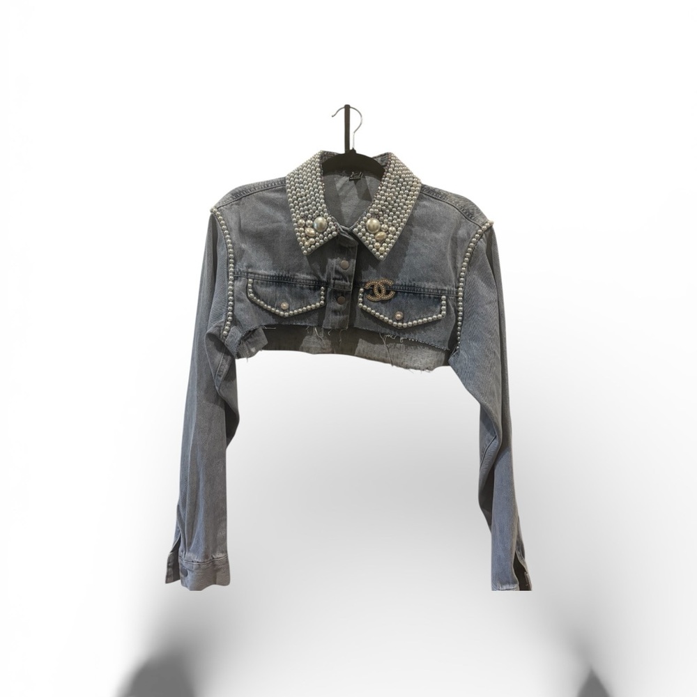 Custom blue Jean Jacket with Pearl Details and channel broach